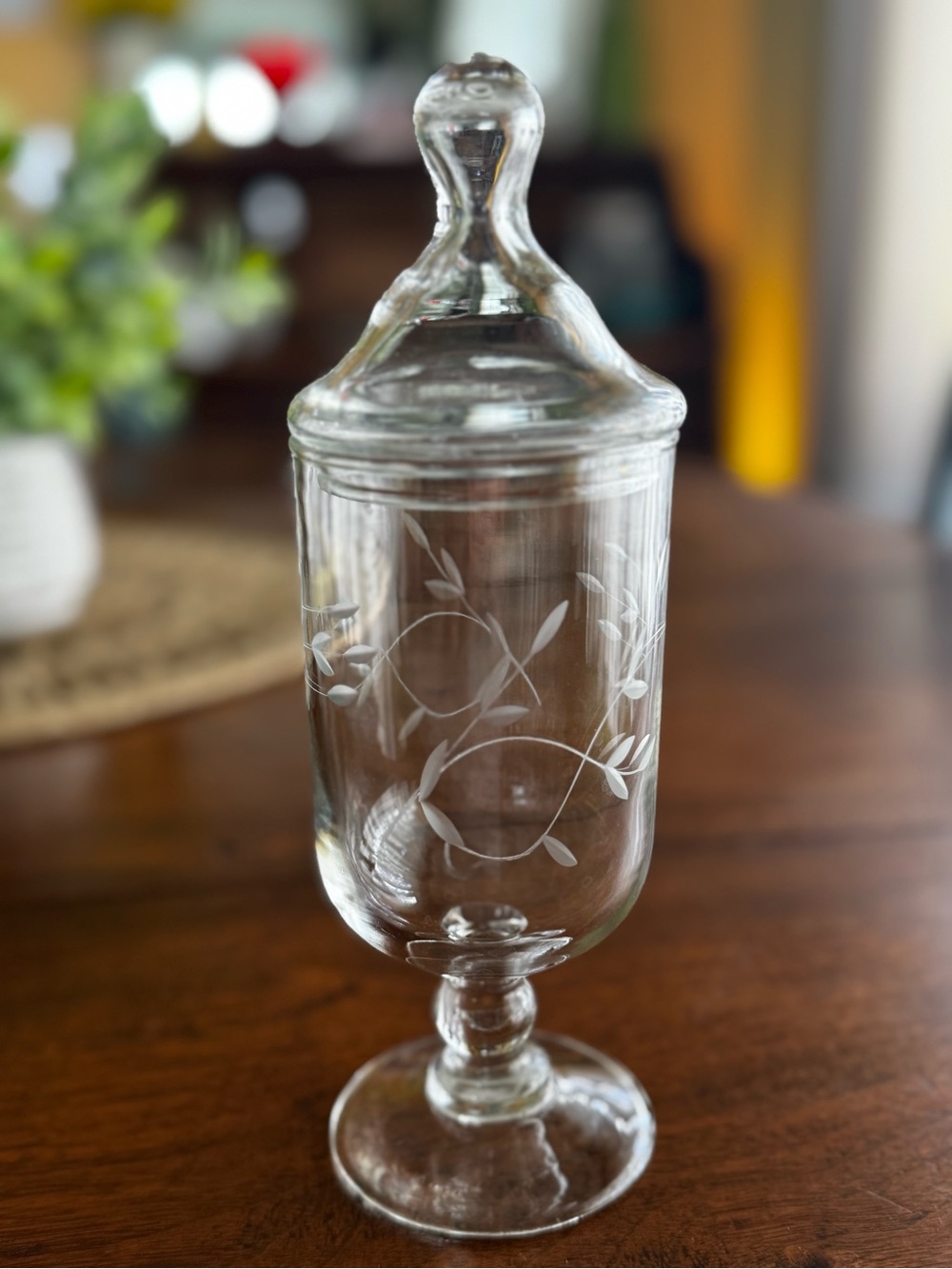 Vintage Princess House Apothecary Etched Glass Pedestal Candy Jar Lid Display